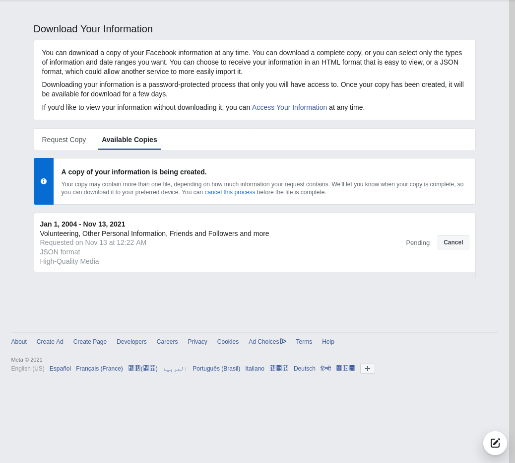 How to download archive of entire Facebook data from the site