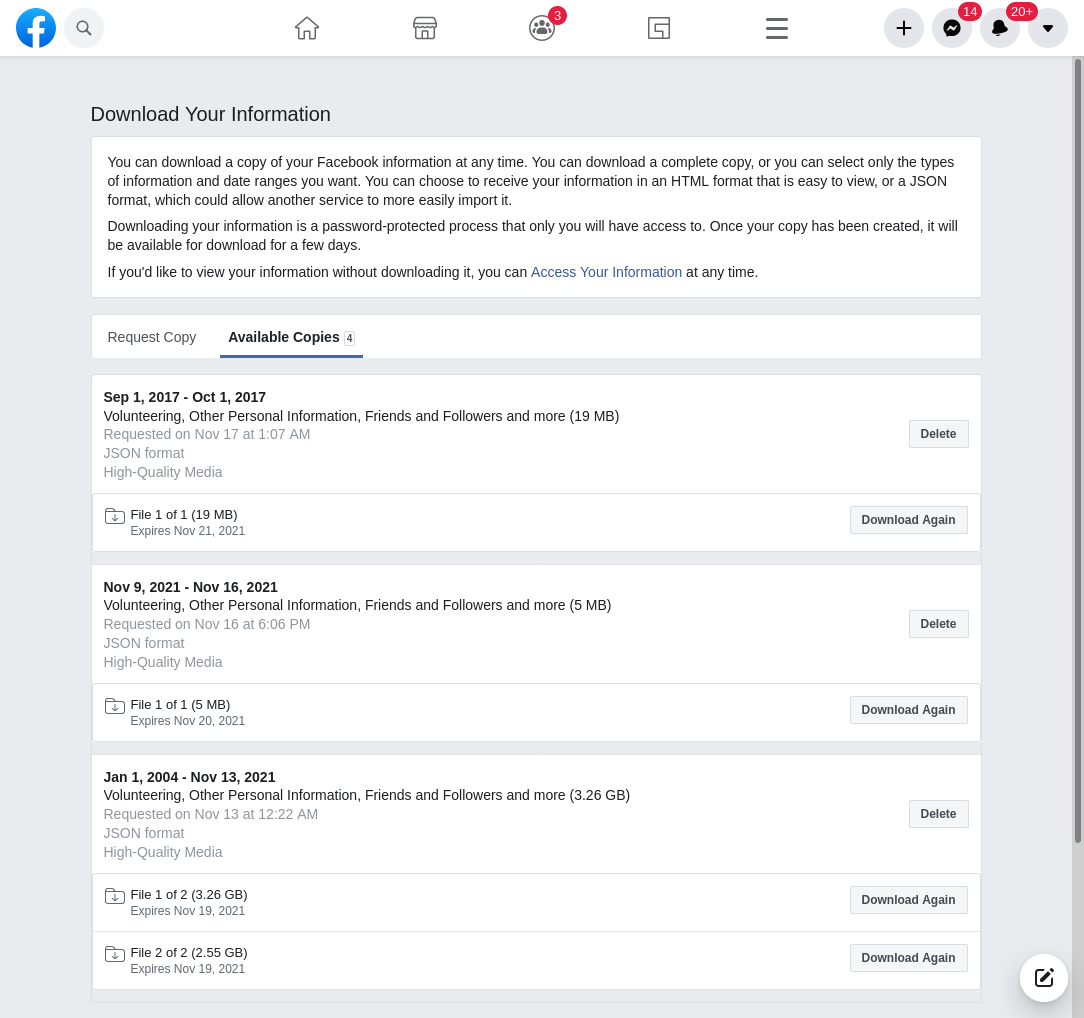 How to download archive of entire Facebook data from the site