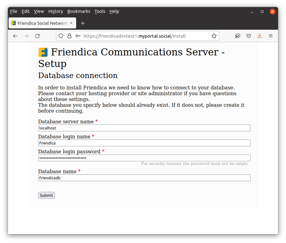 Friendica Install Wizard Screen #3: The database settings page