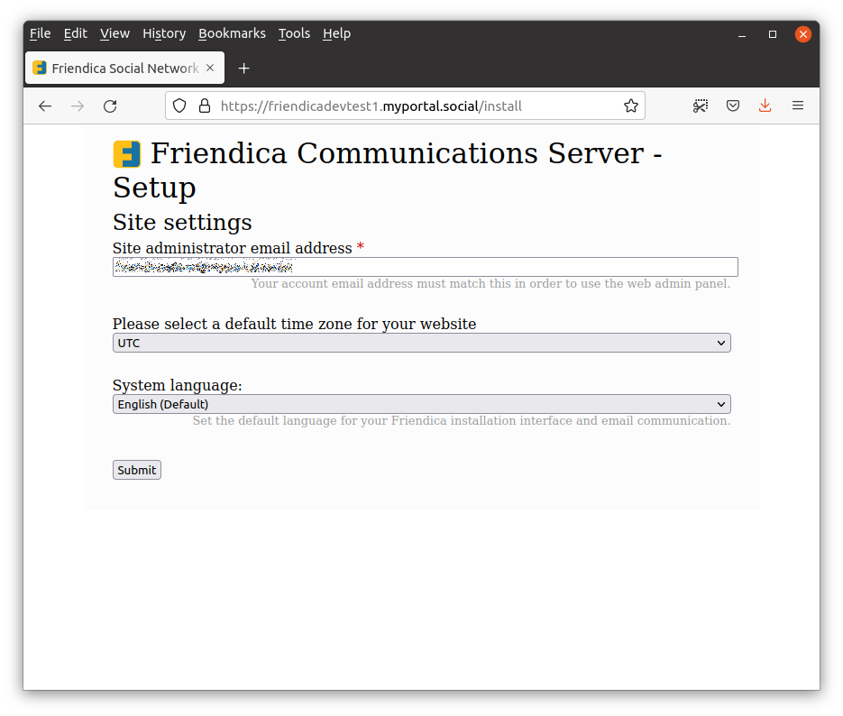 Friendica Install Wizard Screen #4: Site administrator and regional settings 