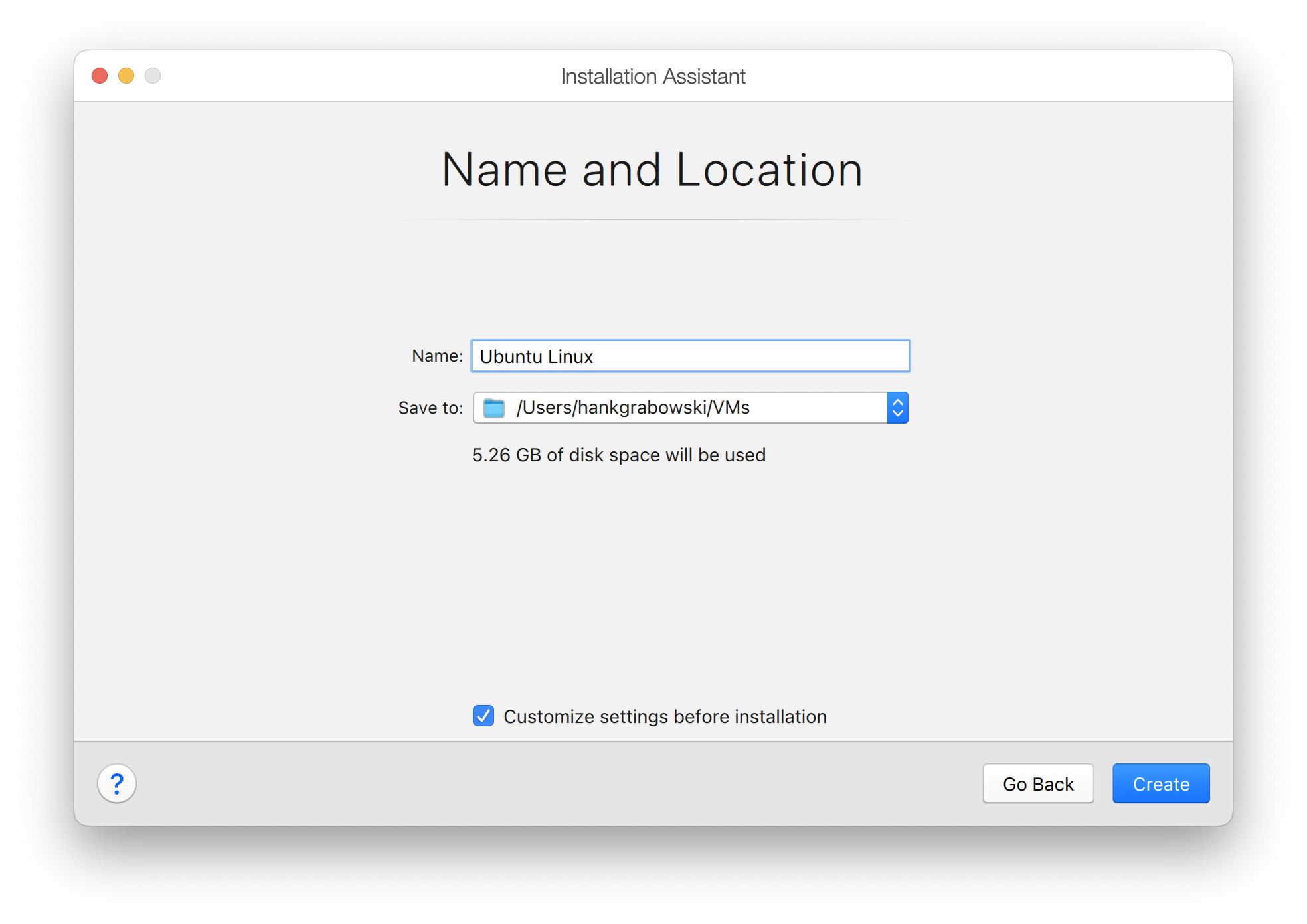 Parallels Install Wizard VM Location and name selection and option to customize the VM.