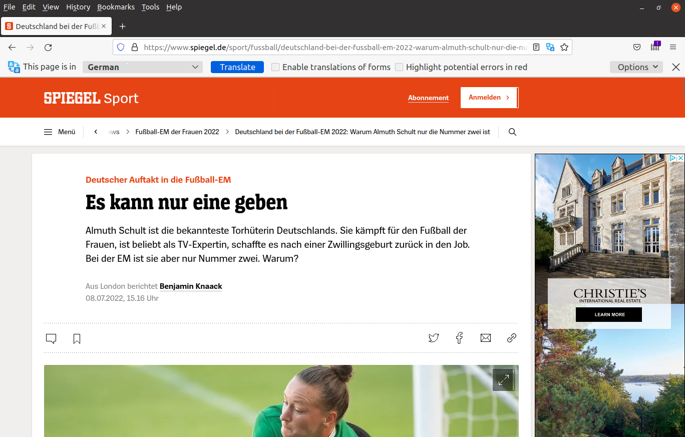 Der Spiegel article in German with the Mozilla Translate plugin bar showing, before translation