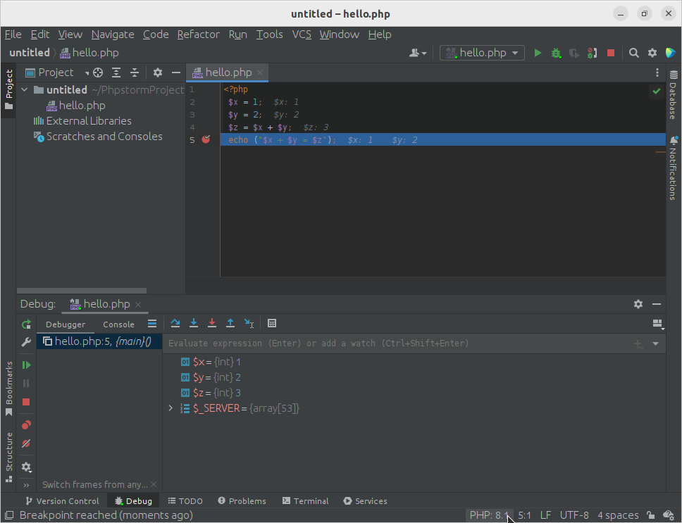 Screenshot of the PHPStorm debugging our CLI program.
