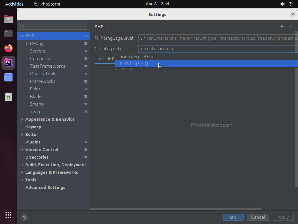 Screenshot of the PHPStorm Settings Panel with the PHP CLI option available.
